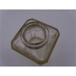 Early 20th century French silver mounted glass scent bottle, the faceted rectangular glass body etched with swags of flowers united by ribbons, with cylindrical silver cover embossed with foliate detail and beaded decoration with gilt interior, marked with Minerva's head, with white metal collar and glass stopper, H17cm