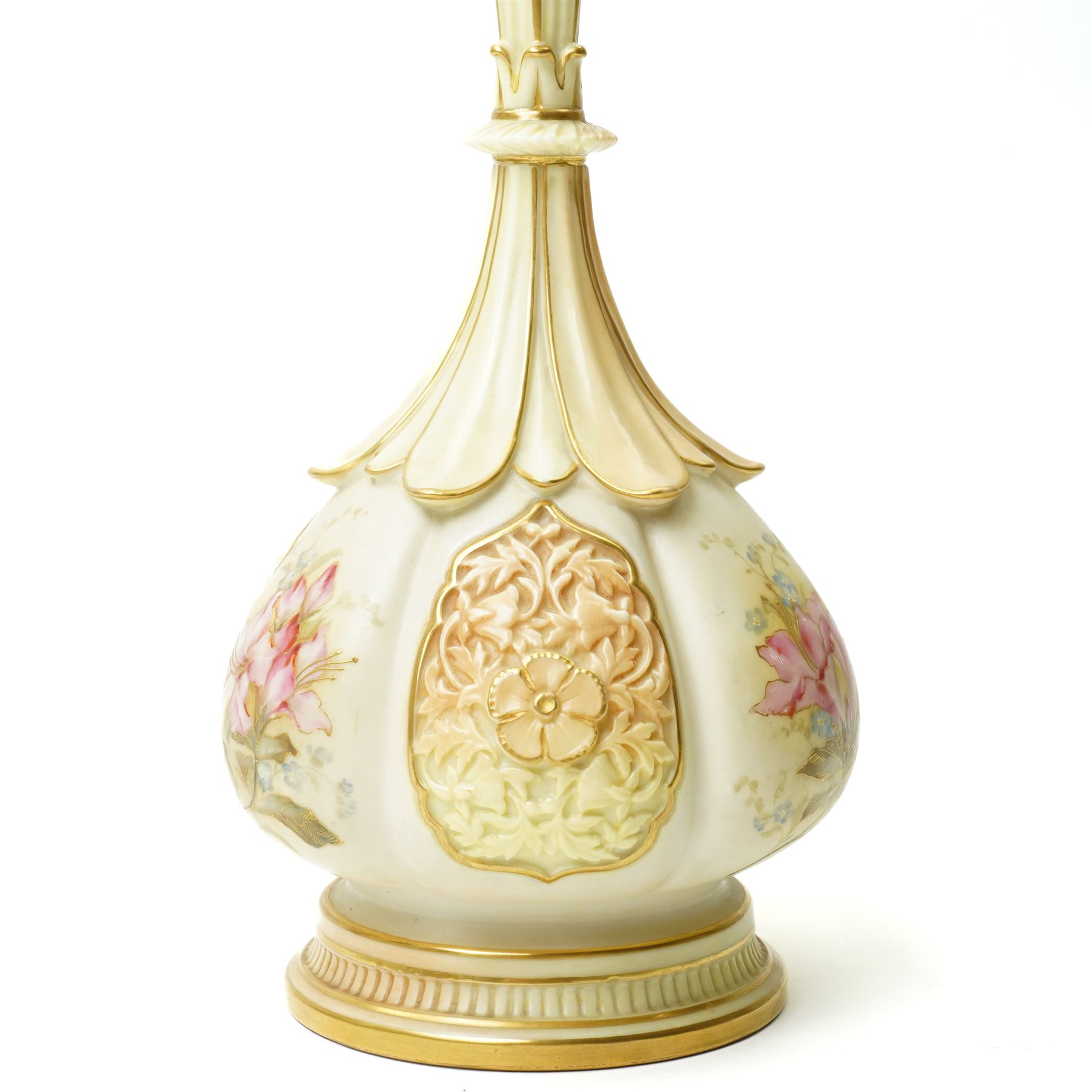 Late Victorian Royal Worcester bottle vase decorated with panels of flowers on a blush ivory ground, shape 859, date code 1894 H28cm
