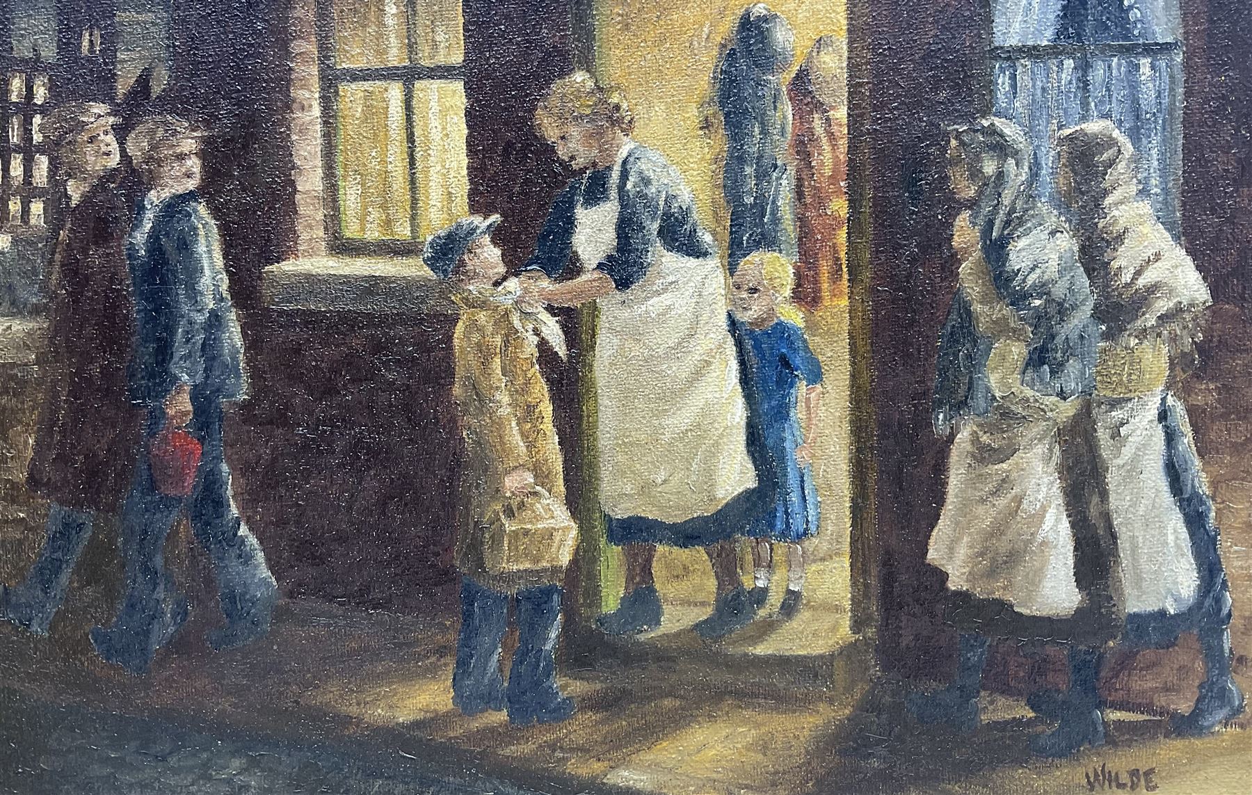 Fred Wilde (Northern British 1910-1986): Mother Sending her Son to Work, oil on canvas signed 31cm x 49cm 