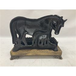 Cast iron horse and foal boot brush on wooden base, H25 cm