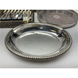 Silver plated twin handled hors d'oeuvres tray with six glass serving dishes, together with three silver plated tureens with covers, coffee pot and a set of cased cutlery with ivorine handles etc