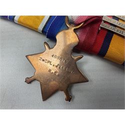 Boer War/WW1 group of four medals comprising Queens South Africa Medal with five clasps for South Africa 1901 & 1902, Transvaal. Orange Free State and Cape Colony awarded to 8321 Sapper J. Webb Rl. Engrs.; together with British War Medal, 1914-15 Star and Victory Medal awarded to 46989 2.Cpl. J. Webb R.E.; all with ribbons and mounted for display on card; some biographical details