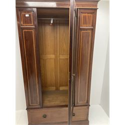 Edwardian inlaid mahogany wardrobe, projecting cornice, single bevel edge mirrored door above single drawer, shaped plinth base 