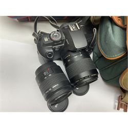 Cameras and accessories, to include Olympus OM101 Power Focus camera body, serial no 1076067, with 'Sigma AF Zoom 1:38, f=75 200mm' lens, serial no 2053714, Canon EOS 5000 camera body, serial no 1507812, with 'Canon Zoom EF 80-200mm, 1:4.5-5.6' lens, other cameras, by Miranda, Coronet and Ricoh and a collection of lenses, carry cases, etc 