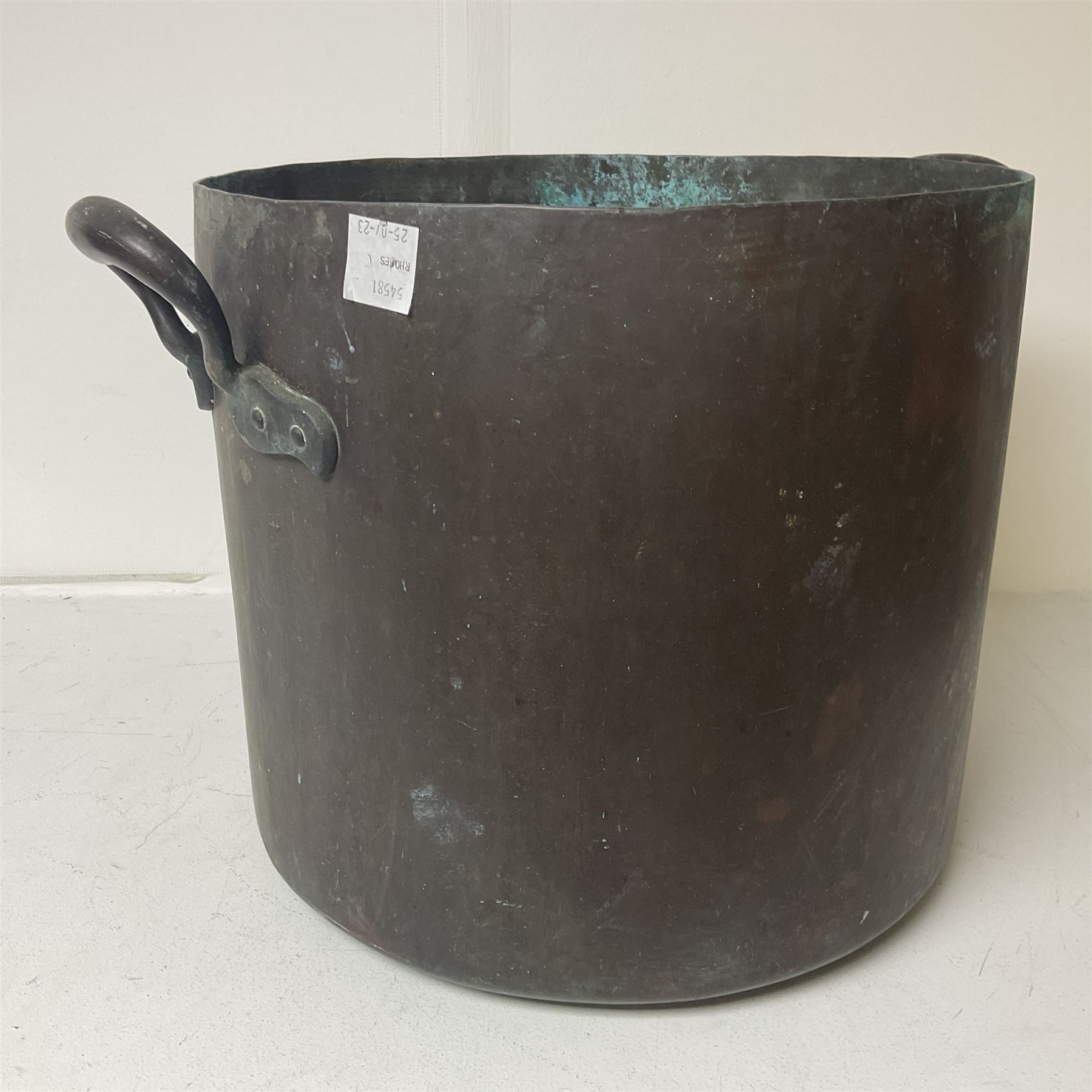 Twin handled copper boiling pan with fitting for a tap, H36cm, D39cm 