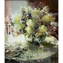 Continental School (20th century): Still Life with Peonies in a Vase, oil on board indistinctly signed Wolkir? 35cm x 31cm