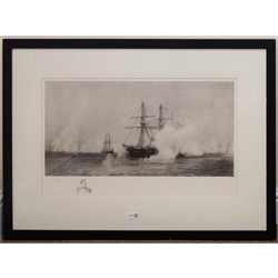 William Lionel Wyllie (British 1851-1931): 'The Bombardment of the Forts of Alexandria' by HMS Condor, monochrome engraving signed in pencil W.L Wyllie with vignette of the captain of the ship in the margin, pub 1884 by The Fine Art Society, 38cm x 63cm