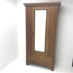 Edwardian mahogany single wardrobe, projecting cornice, dentil frieze, bevel edge mirrored door, single drawer, W102cm, H198cm, D50cm