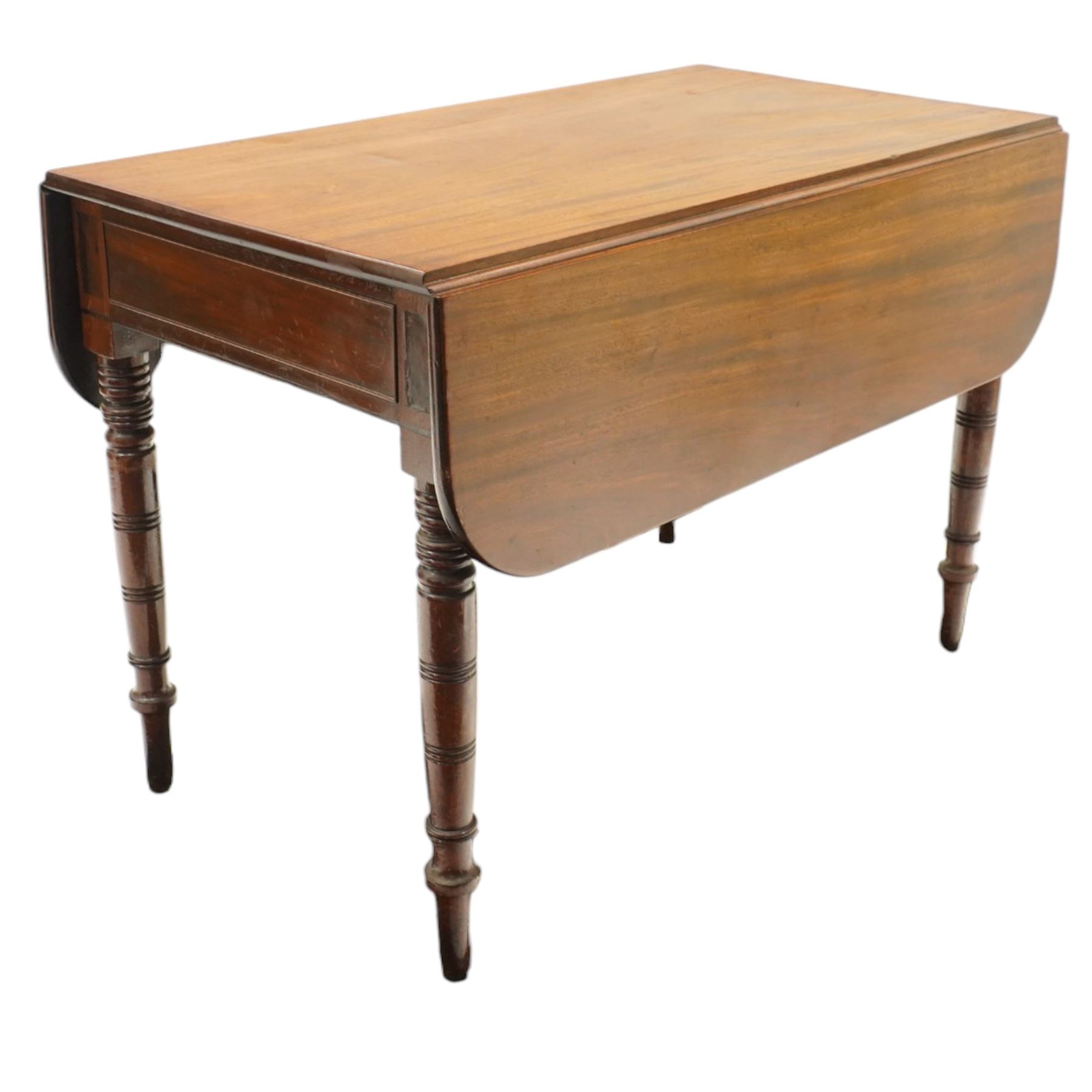 Victorian mahogany drop-leaf tea table, with set four Victorian balloon back dining chairs (Chairs H 86cm, D 43cm, W 45cm)