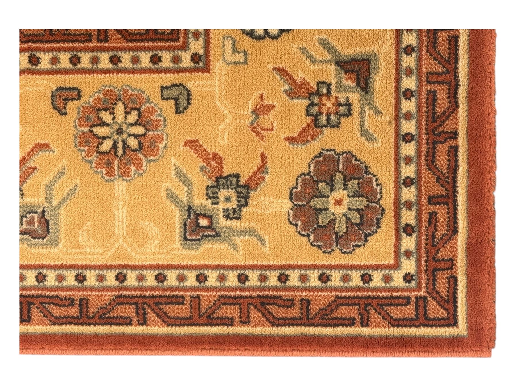 Late 20th century Royal Keshan 'Agra' hand-knotted wool rug, terracotta ground with central floral medallion and scrolling vines, enclosed by a cream border with repeating floral motifs
