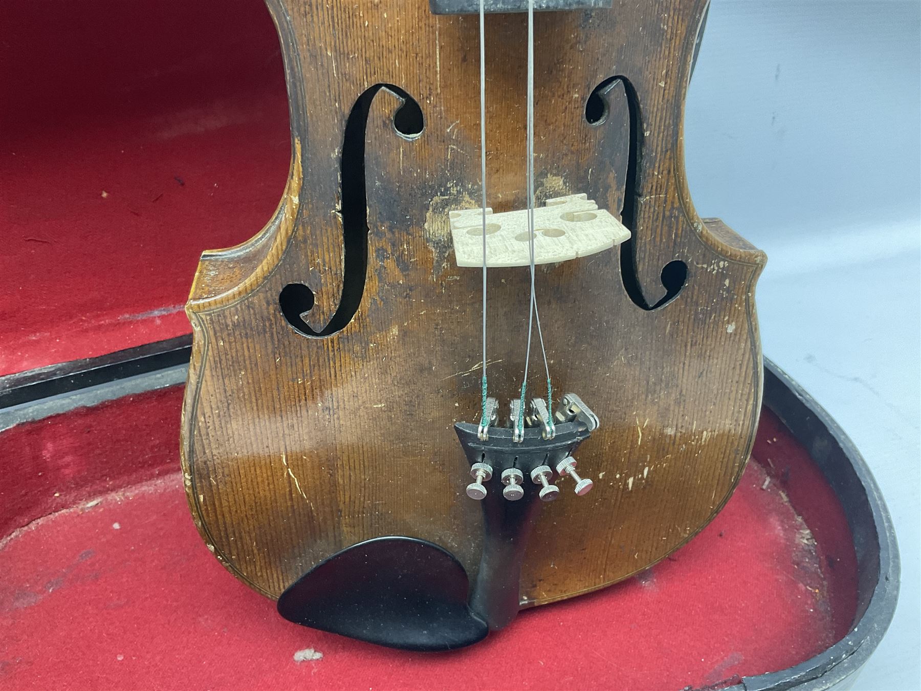 Late 19th century Saxony violin with 36cm one-piece maple back and ribs and spruce top; bears label 'Josef Klotz in Mittenwalde Anno 1795' L60cm overall; in ebonised wooden 'coffin' case