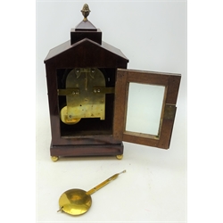  Small William lV brass inlaid mahogany architectural cased mahogany bracket clock with 12cm circular Roman dial, single fusee movement, case with brass pineapple finial, ring handles and bun feet, H40cm, W20cm, D12.5cm  