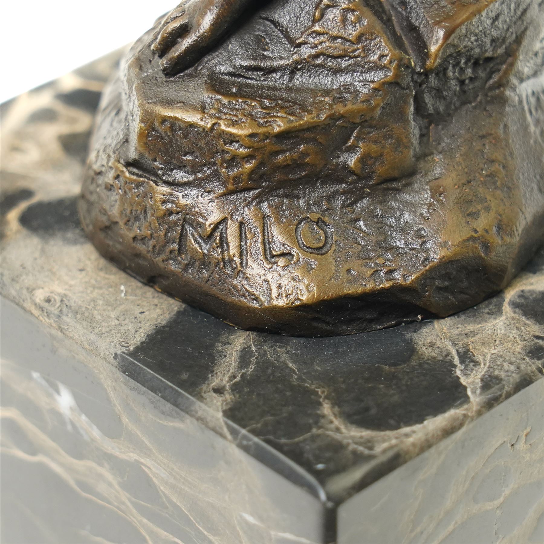 After Milo - bronze sculpture of a dancing lady, on two-tone plinth, H35cm 