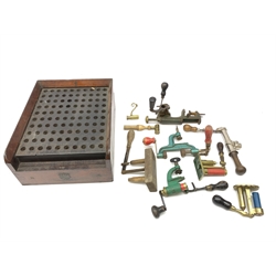 19th century and later predominantly 12-bore cartridge making equipment including G.& J.W. Hawksley re-loader, recapping tools (one 16-bore), two powder/shot measures etc; and wooden cartridge tray