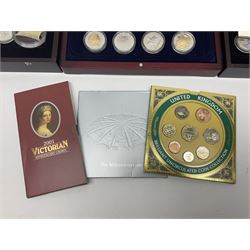 Single owner lifetime collection of mostly commemorative modern World coins with gold, silver and base metal examples, including two Queen Elizabeth II Bailiwick of Guernsey twenty-five pound gold coins 'The 1999 Royal Wedding' and '100th Anniversary of the End of the Victorian Era' 2001 each in 24 carat gold weighing 7.81 grams with certificates, silver coins commemorating the Millennium 2000 including Guyana sterling silver proof two-thousand dollars, Fiji sterling silver proof five dollars etc, silver coins from the Queen Elizabeth II Golden Jubilee Collection dated either 2002 or 2003 from Great Britain and the Commonwealth countries, United Kingdom commemorative crowns in card folders, The Royal Mint United Kingdom 1997 proof coin set in red folder without certificate etc
