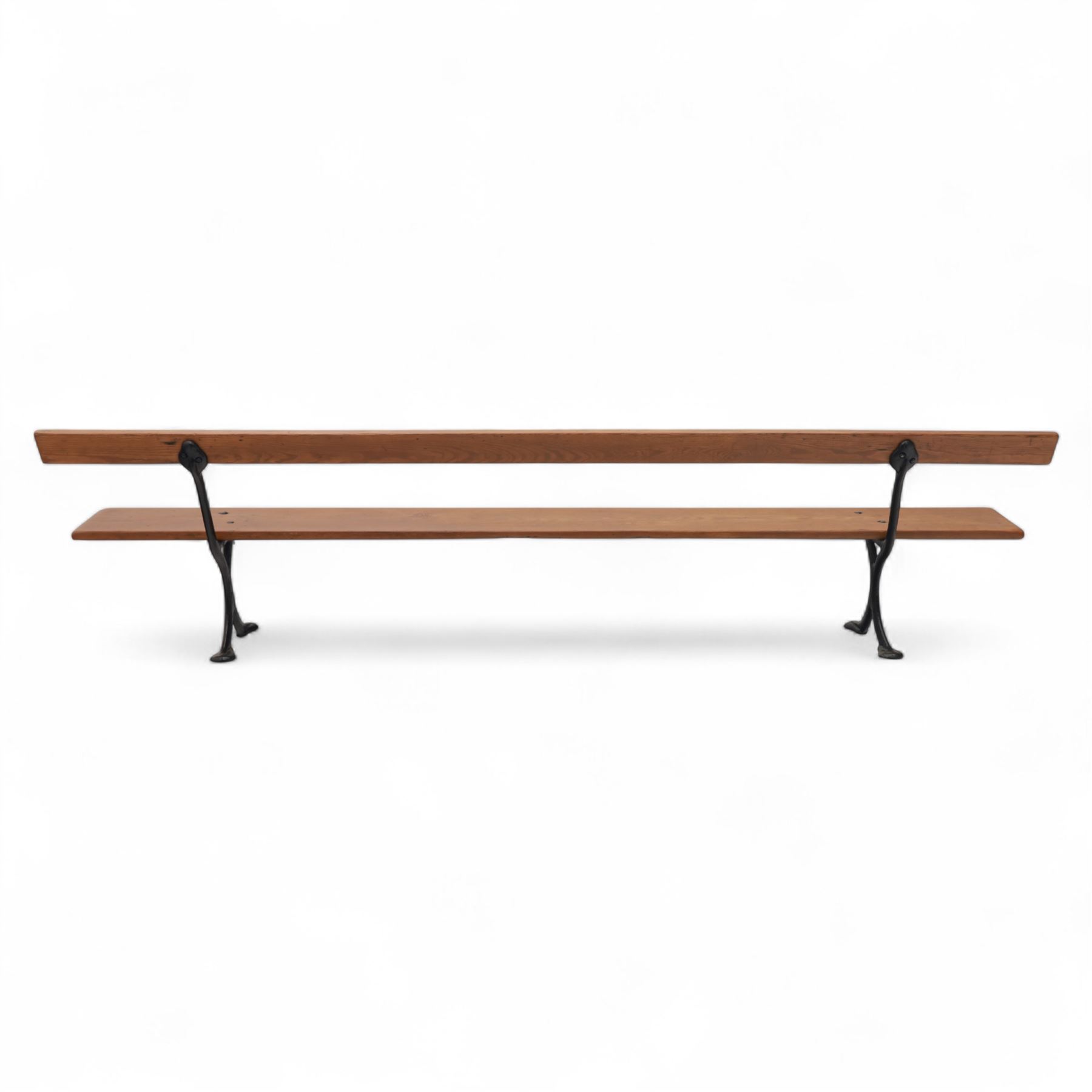 Pine garden bench, with stained and weatherproof varnish, single slat pine seat and back, raised on curved black cast iron supports