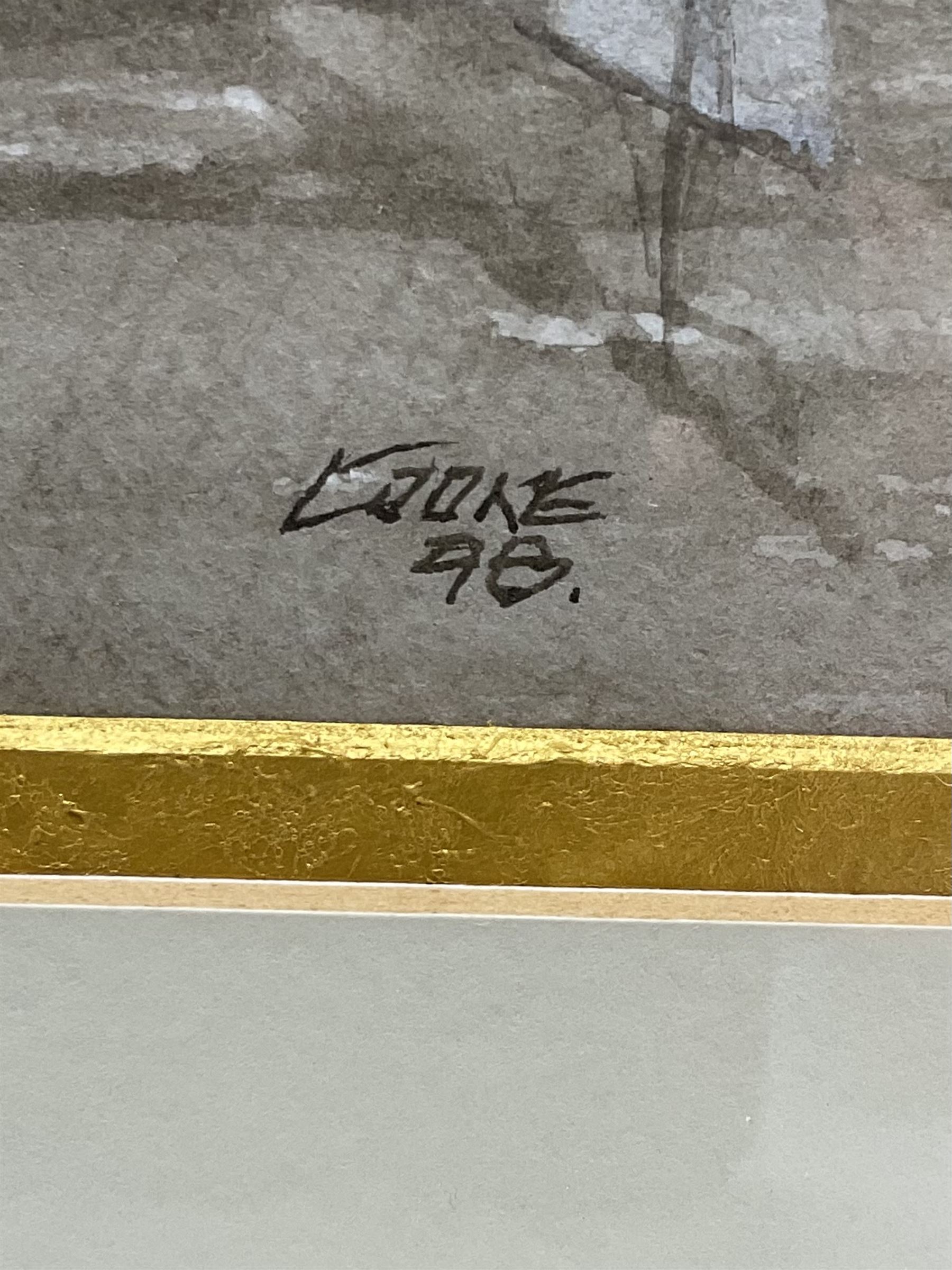 Ron Cooke (British 20th century): English Men o War at Anchor, sepia watercolour signed and dated '98, 44cm x 34cm