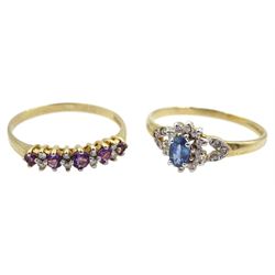 Gold oval sapphire and diamond cluster ring and a gold five stone amethyst and diamond ring, both hallmarked 9ct