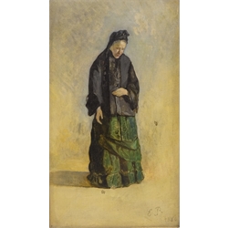  Lady in Mourning, French School 19th century oil on canvas signed with initials E P and dated 1880, 30.5cm x 17cm  
