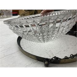 Edwardian glass holophane ceiling light, the domed bowl shade suspended in circular brass frame by three chains, stamped Crystal Bowl Holophane 8424, patent no 1796, 1910 on the inside rim, D35cm