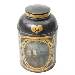 Regency period black toleware canister, painted with a scene of a castle with mother of pearl inlay, within painted gilt border, H39cm 