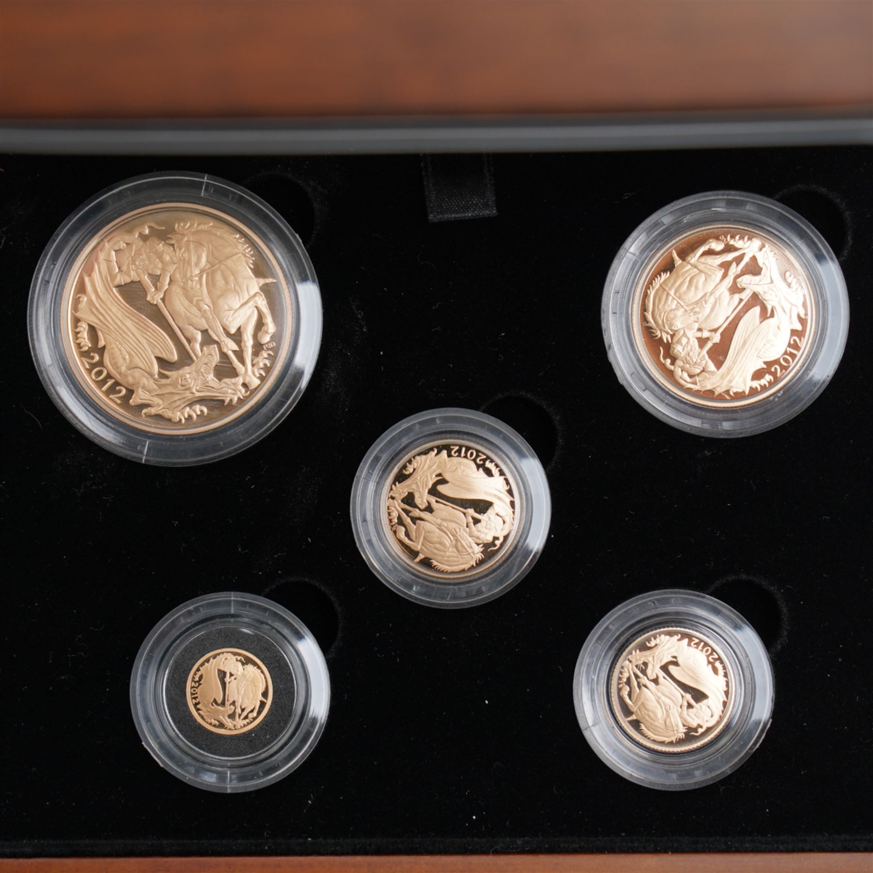 The Royal Mint United Kingdom 2012 Gold Proof Sovereign Five Coin Collection, in case with certificate