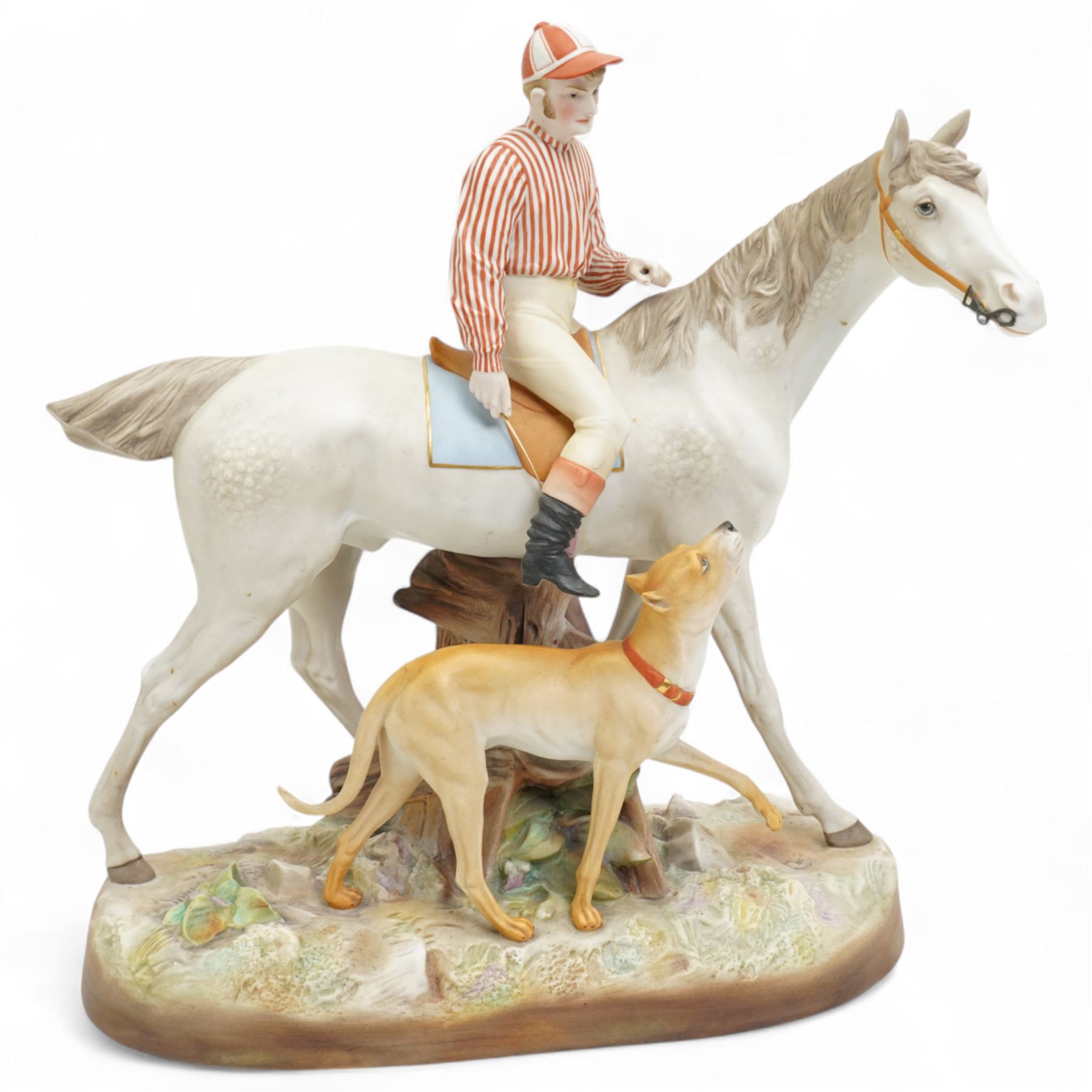Continental bisque bust of a Queen H28cm and another of horse with jockey and dog H33cm x L31cm