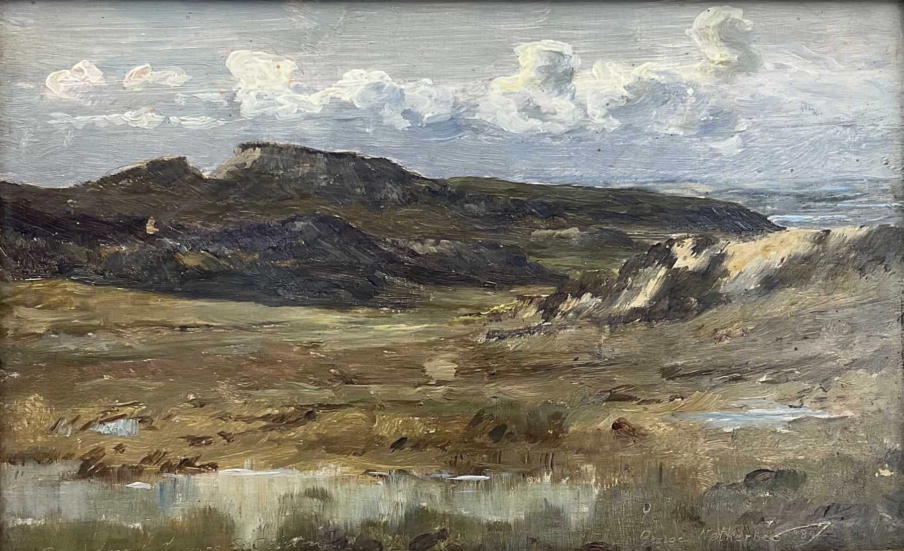 George Faulkner Wetherbee RI ROI (American 1851-1920): Upland Landscape, oil on panel signed dated 1891 and inscribed 'To my friend James E Clifton' 14cm x 23cm