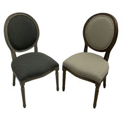 India Jane Interiors - two French design oak side chairs, moulded frame with cameo back, on turned and fluted supports; single side chair with curved back upholstered in shimmer silver fabric, on ebonised supports (3) - ex-display/bankruptcy stock 