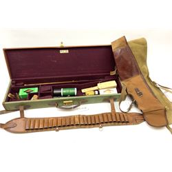 Brady leather mounted canvas shotgun case, the fitted interior to accommodate 71cm barrels, containing telescopic sight, bird scarer and assorted cleaning equipment L78.5cm; together with two canvas gun sleeves; and leather cartridge belt (4)