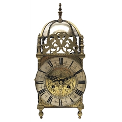  Late Victorian brass Lantern clock with chromed bell, pierced frets, urn finials and silvered Roman dial, the twin train movement stamped L1 196106 quarter striking the hours on a bell, with key, H40cm   