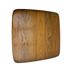 Lucian Ercolani for Ercol - elm 'Pandora's Box' coffee table, square top with rounded corners over two drawers with sculpted recessed pulls, open sides supporting undertier, on castors 