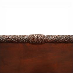 Early 19th century Regency carved mahogany four poster double bed, 4'6, the shaped headboard and footboard each surmounted by a finely carved pinecone and foliate moulded rail, flanked by ring turned and boldly spiral carved tapering posts with acorn finials, raised on square section legs, with slatted base