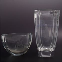 Orrefors glass vase of chamfered square form engraved with a girl holding flowers H20cm an...