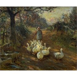 Frederic Stuart Richardson (Staithes Group 1855-1934): The Goose Girl, oil on canvas signed 29cm x 34cm