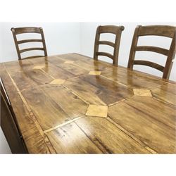 Teak and tile inset rectangular dining table. baluster supports joined by floor stretchers (W190cm, H77cm, D100cm) and set six (4+2) ladder back chairs, rush seat (W58cm)