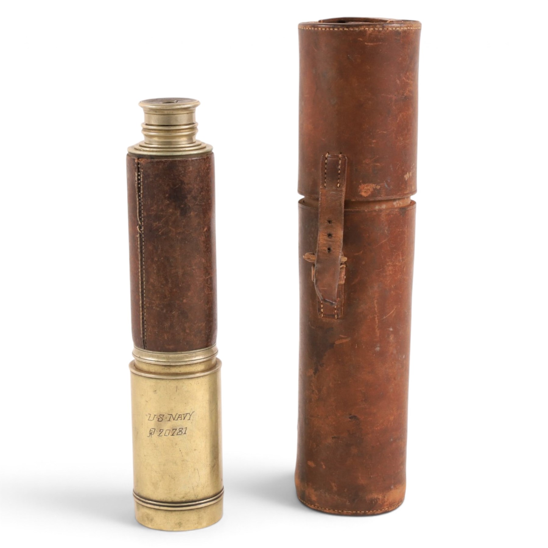 Early 20th century leather-bound three draw brass telescope by Broadhurst Clarkson & Co, 63 Farringdon Road London, full length L77cm