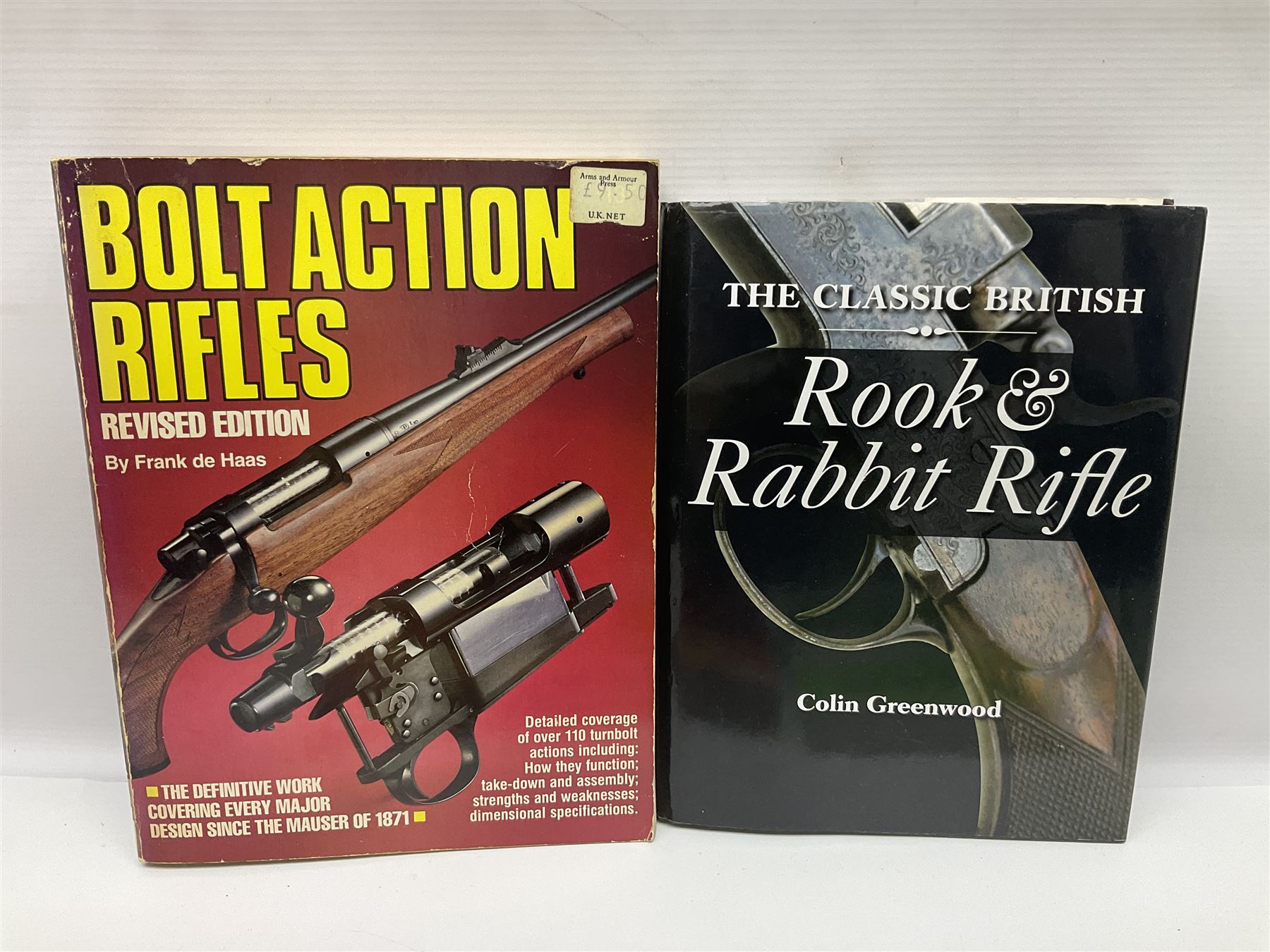 Collection of books, pamphlets and catalogues on guns and shooting including Colin Greenwood: Rook & Rabbit Rifle. 2006; Frank de Haas: Bolt Action Rifles. 1984 and Single Shot Rifles and Actions. 1969; Ian Skinnerton: .577 Snider-Enfield Rifles and Carbines. 2003 and two Small Arms Identification Series booklets; two Collectors Guides on Air Rifles by D.E. Hiller etc; and Bruce Bairnsfather Bystander's Fragments From France No.4