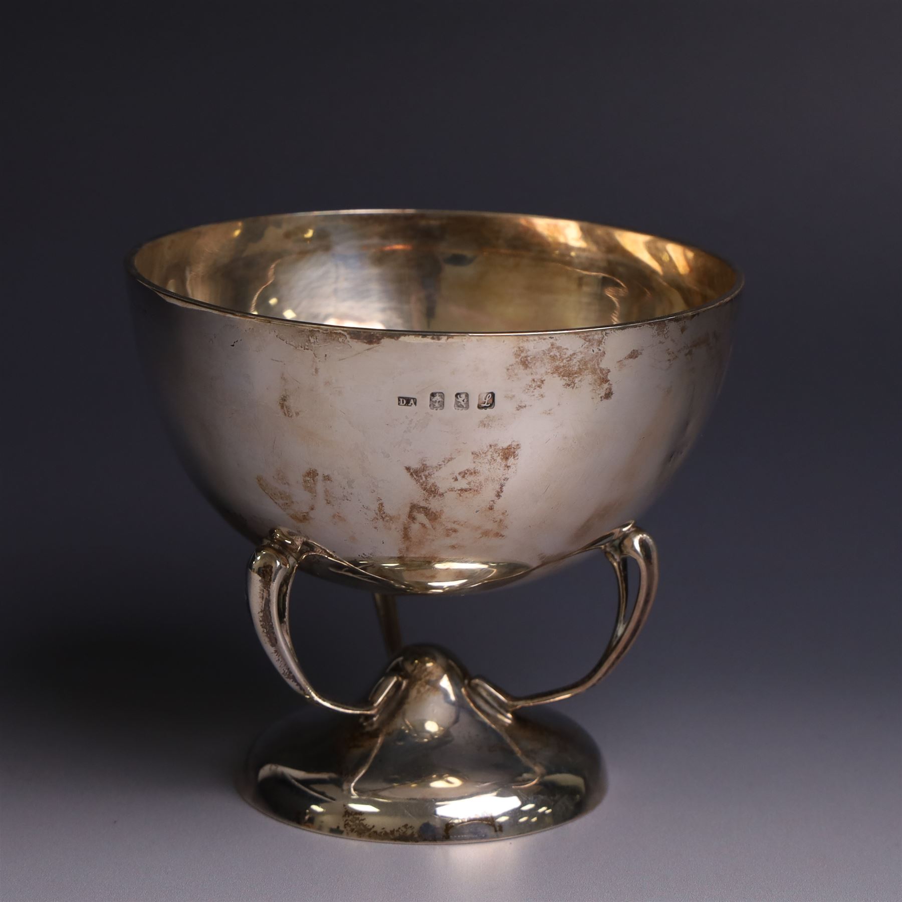 Art Nouveau silver trophy cup, engraved circular bowl upon three naturalistic curved supports,and a circular foot, engraved 'Cairo's Open Cup' to body, H11cm