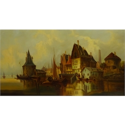  Carl Gessnitzer (German 19th Century): Dutch Waterfront, oil on canvas signed 50cm x 93cm  