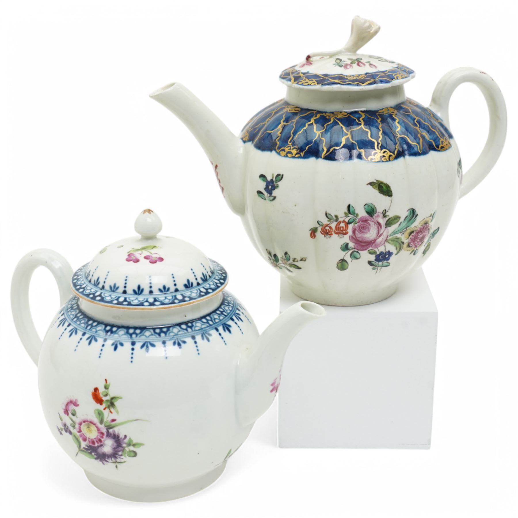 Liverpool Phillip Christian teapot and cover, c. 1775, the reeded body painted with floral sprays beneath a blue border with gilt decoration, the cover with flower-bud finial, H15.5cm; together with an 18th century Worcester teapot, with painted floral decoration (2)