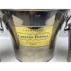 Stainless steel Laurent-Perrier champagne bucket, with engraved brass plaque and grip to swing handle, together with two matching smaller, largest D38cm (3)