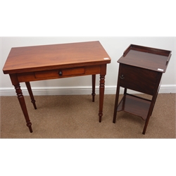  19th century mahogany fold over tea table with plain top, turned legs and double gate-leg action (86cm x 84cm, H76cm), and a mahogany tray top bedside cupboard (2)  