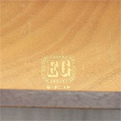 G Plan - ‘Librenza’ tola wood sideboard, the rectangular top above two cupboards to either side and three graduated central drawers, the drawer and door fronts veneered in figured tola wood with brass handles, standing on splayed tapering legs