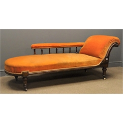  Victorian walnut framed chaise longue, upholstered in an rust velvet, scrolled carved and moulded arm, turned supports, L190cm  