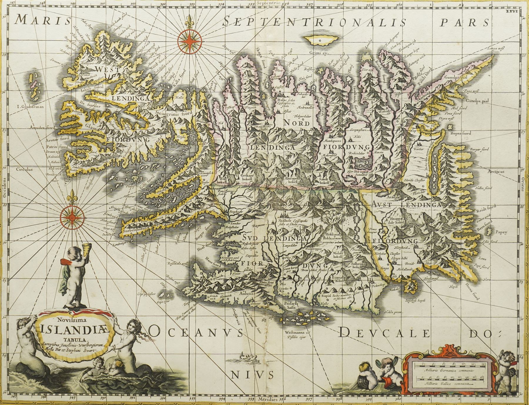 Moses Pitt (British 1641-1697): 'Islandiae', first edition 17th century engraved map with hand-colouring of Iceland, pub. 1656, with red crosshatching to the margin 46cm x 62cm