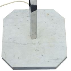 1970s modernist chrome standard lamp, fitted with six textured ice-glass cuboid shades arranged at differing heights, square-section stem on shaped marble plinth base