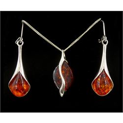 Pair of silver amber pendant earrings and a silver amber pendant necklace, stamped 925