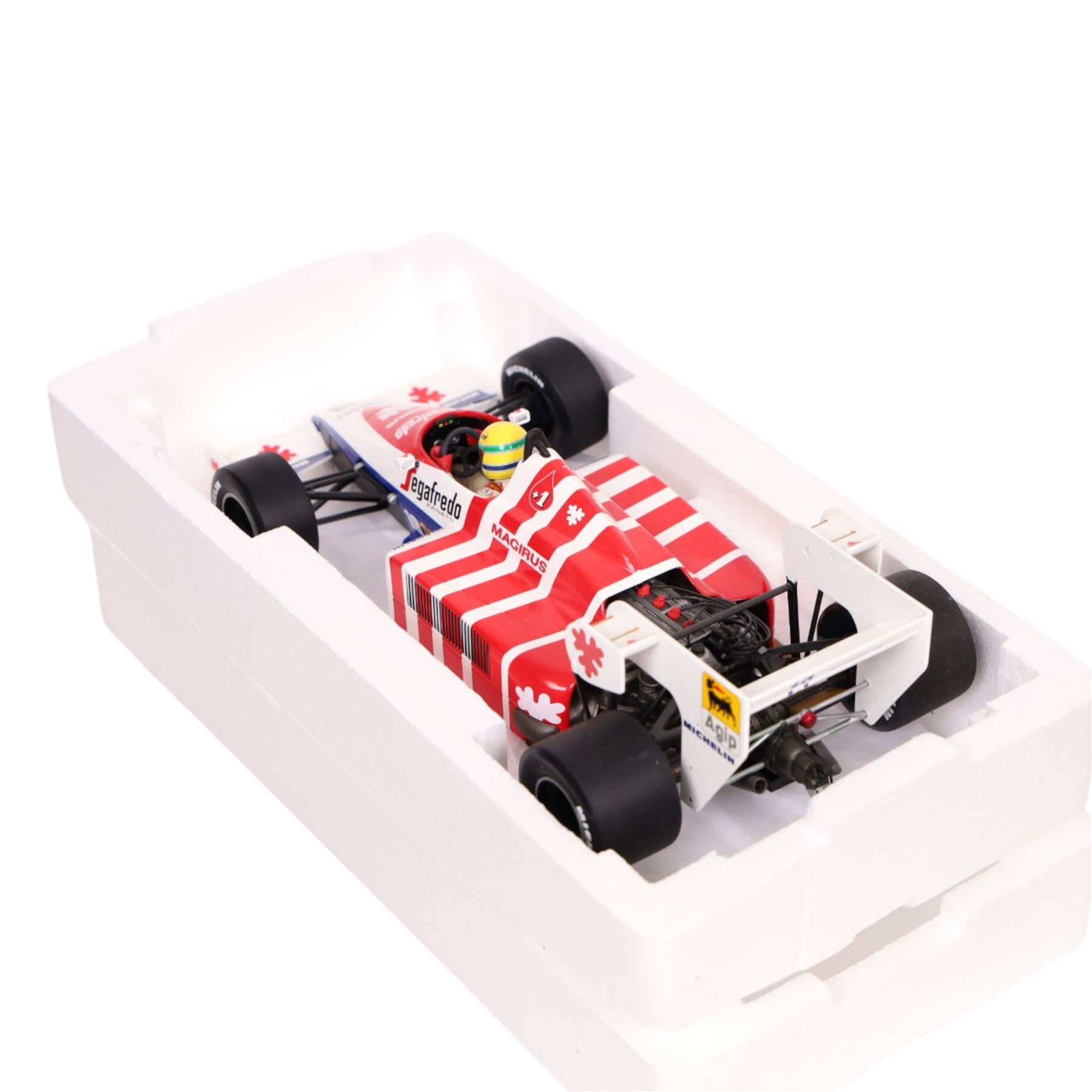 Minichamps 1:18 Ayrton Senna Racing Car Collection Toleman Hart TG184 1984 #19 car with Segafredo Zanetti decals, boxed
