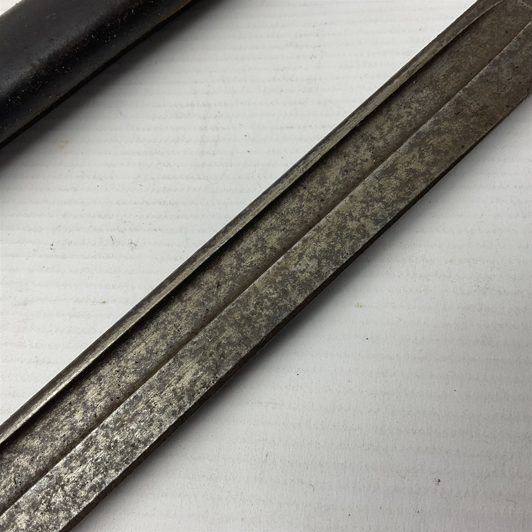 WWI Remington Pattern 1913 bayonet, the 43cm fullered blade with various marks to the ricasso including date code 11 16; in leather covered scabbard with various stamps including JWB 17 L58cm overall; and a French Model 1866 sabre bayonet (no scabbard)